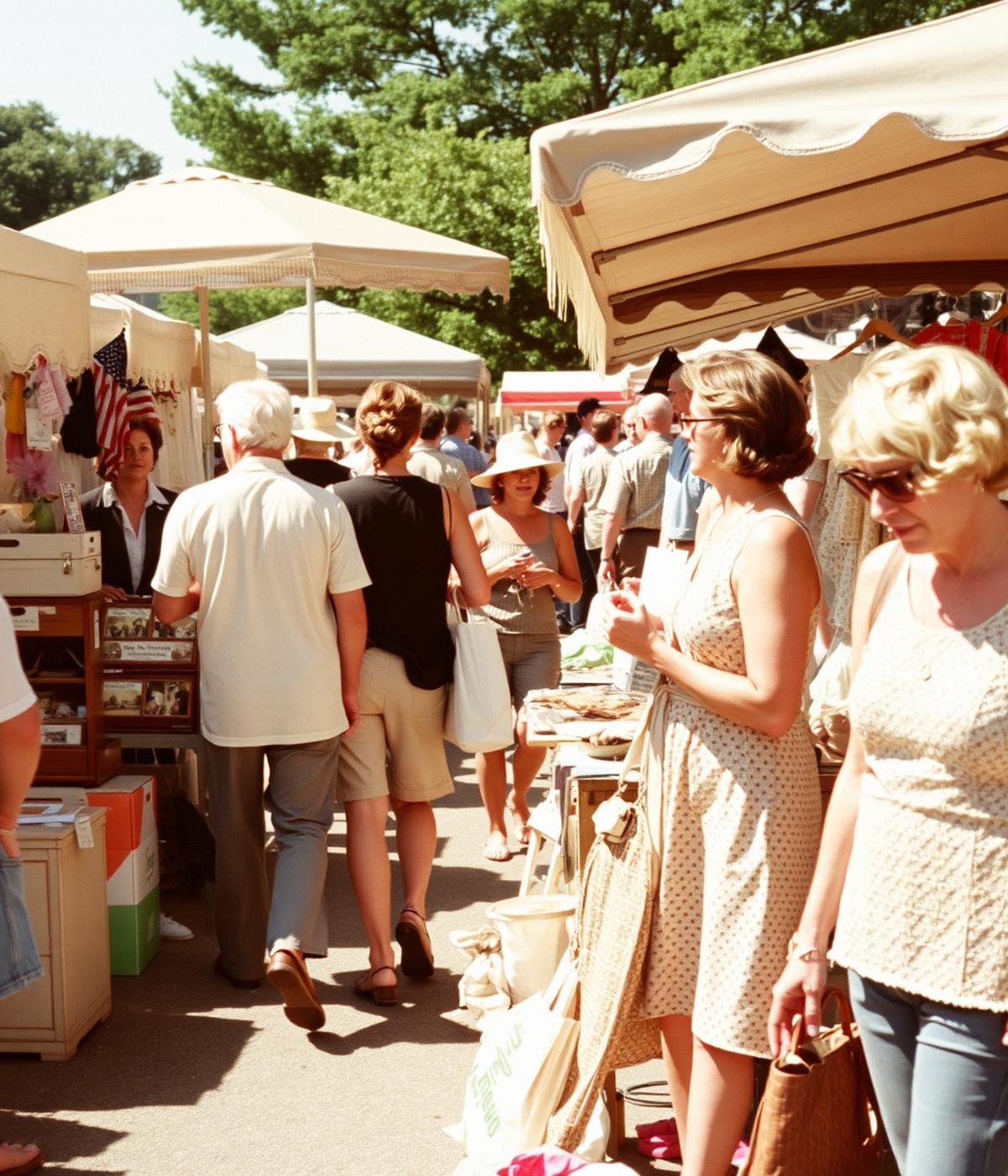 Shoppers browsing a sunny outdoor flea market on Cape Cod