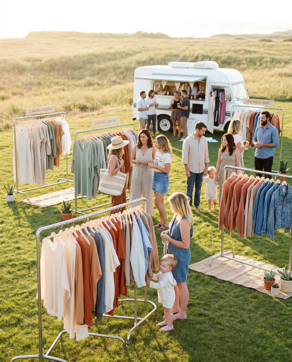 Community clean out resale event on a grassy field with food trucks