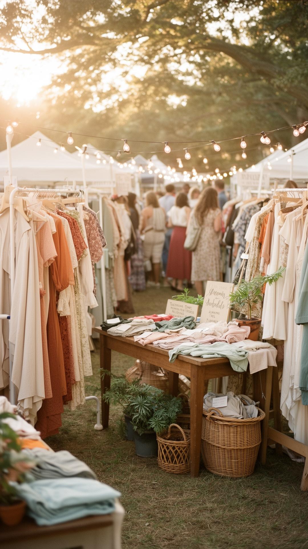 Curated outdoor pop-up vintage market on Cape Cod with racks of clothing and string lights
